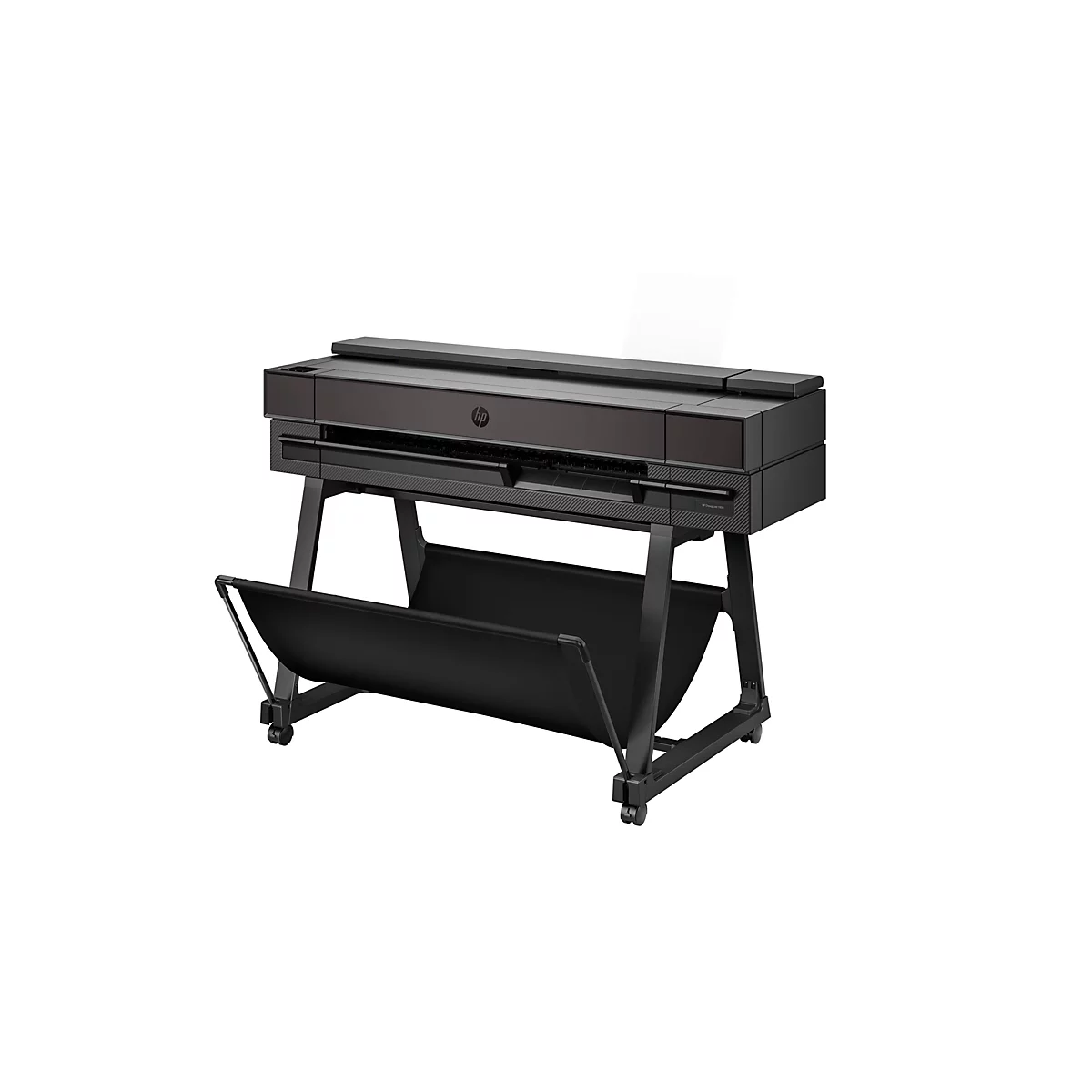 Schwarzer Großformatdrucker mit Standfuß, auf weißem Hintergrund. Oben steht Papier aus dem Drucker.