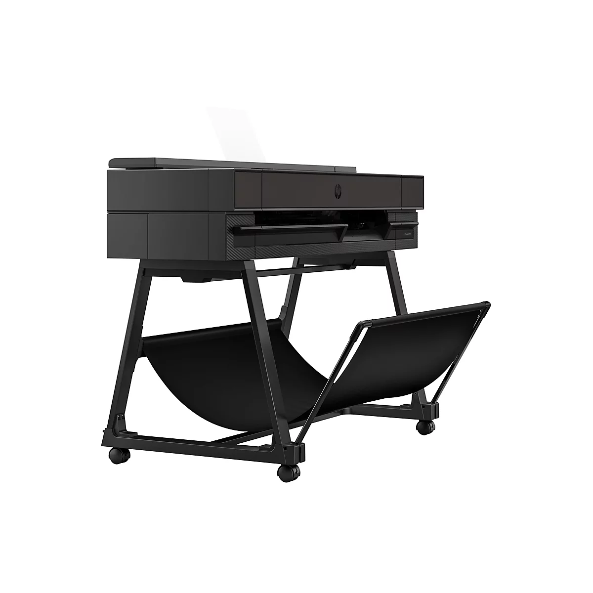 Schwarzer Großformatdrucker auf rollbarem Ständer. Papier ragt heraus. Der Ständer hat einen Papierkorb.