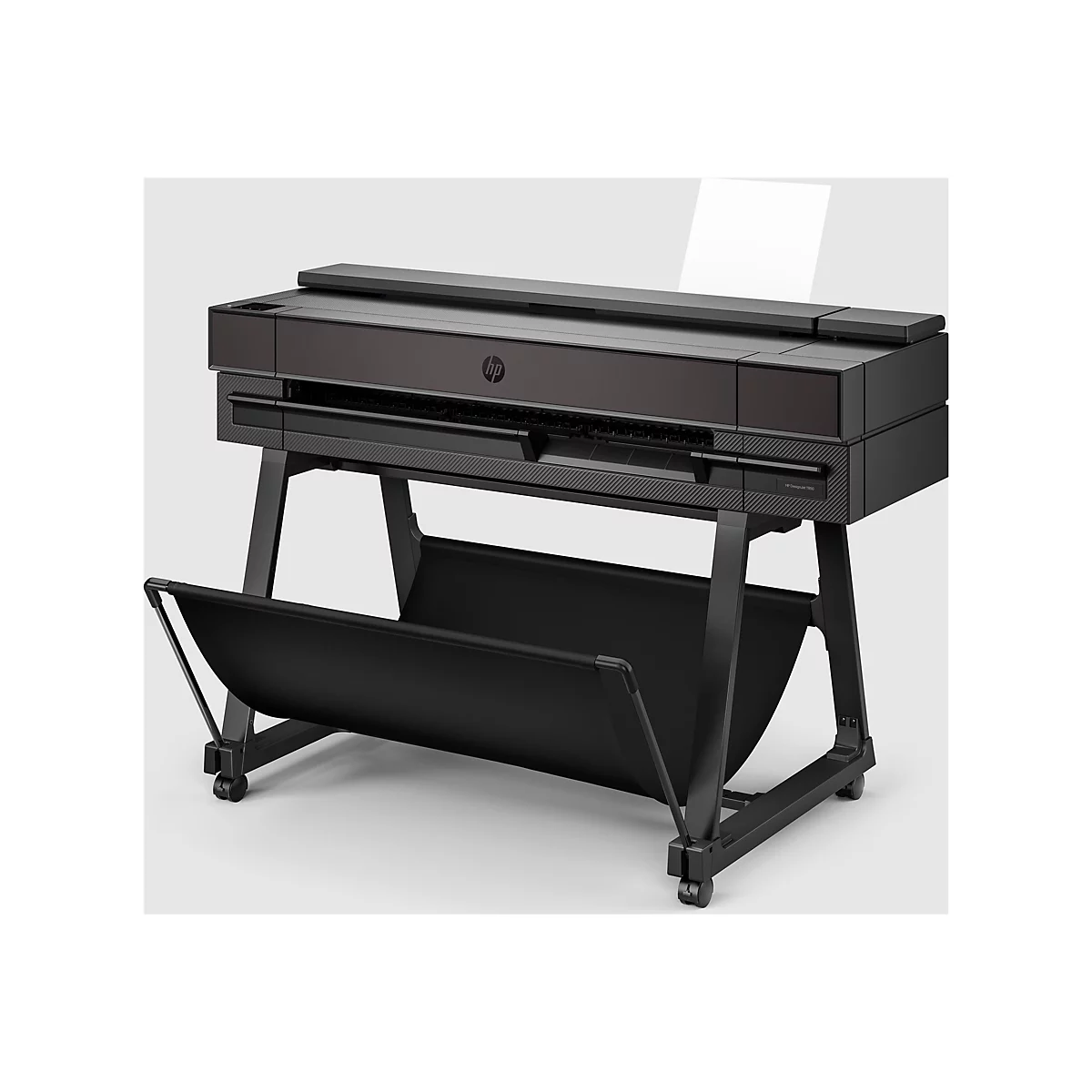 Ein schwarzer Großformatdrucker, HP DesignJet T650, auf einem Ständer mit Rollen, auf weißem Hintergrund.