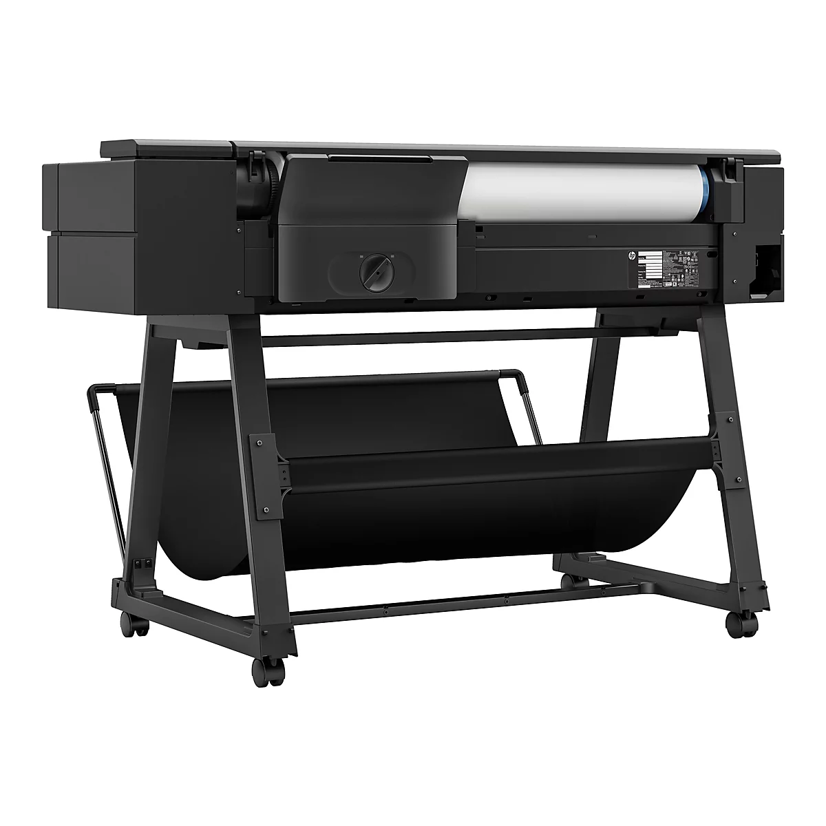 Schwarzer GroÃŸformatdrucker. Auf StÃ¤ndern montiert, mit Papierspender. Auf weiÃŸem Hintergrund.