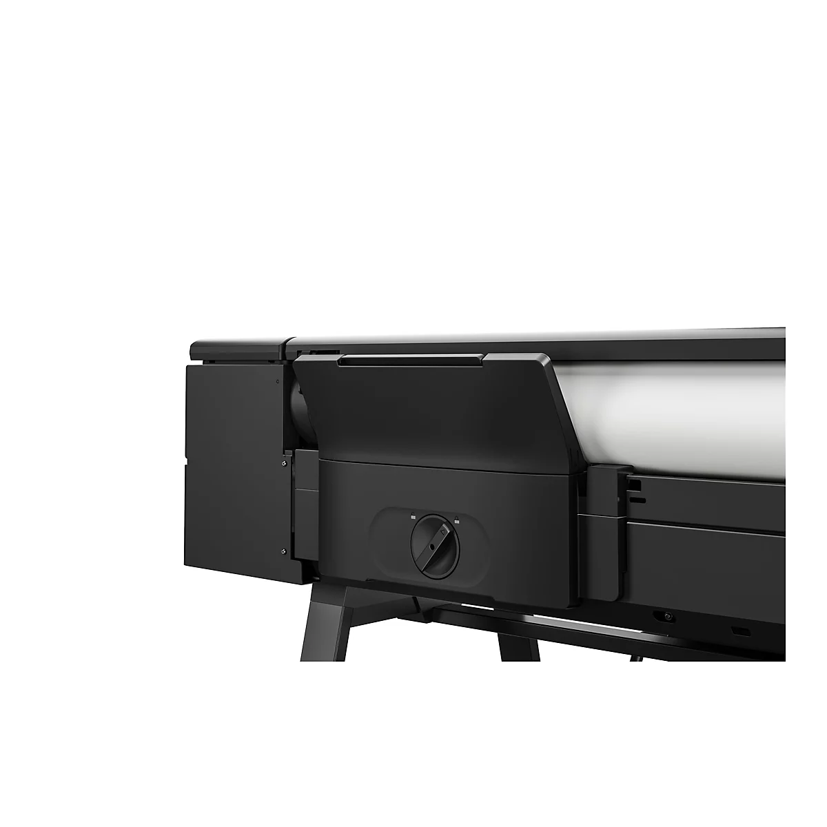 Nahaufnahme eines schwarzen Geräts mit runder Steuerung und weißem Hintergrund.