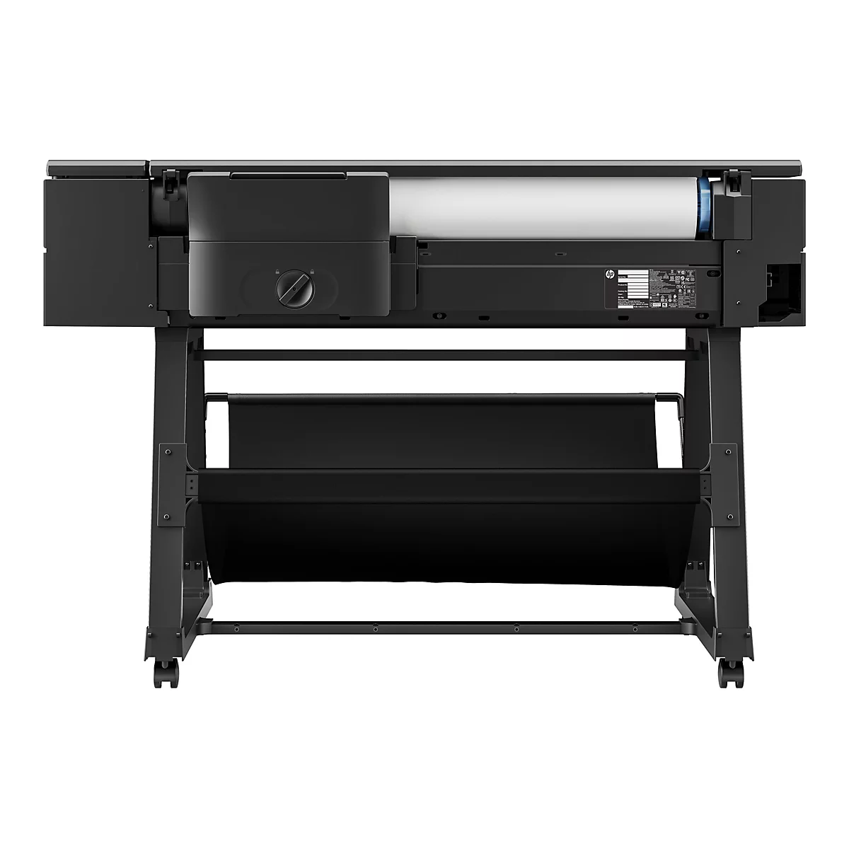 Schwarzer GroÃŸformatdrucker mit Papierrolle. Er steht auf einem Metallgestell mit Rollen.