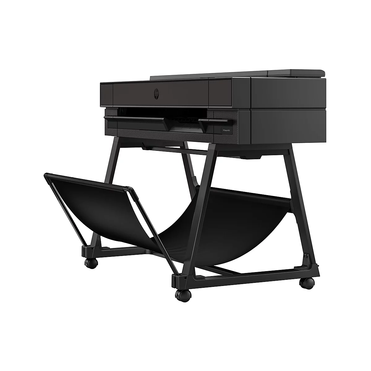 Schwarzer Großformatdrucker mit HP-Logo auf Rollen und Papiereinzug.