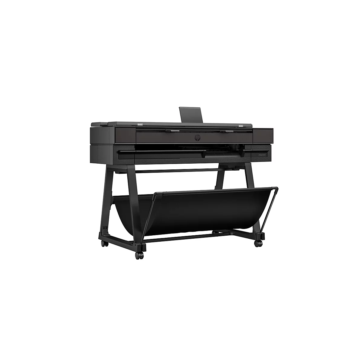 Schwarzer Großformatdrucker mit HP-Logo auf Rollen vor weißem Hintergrund. Druckwerk auf Gestell mit Ablagekorb.