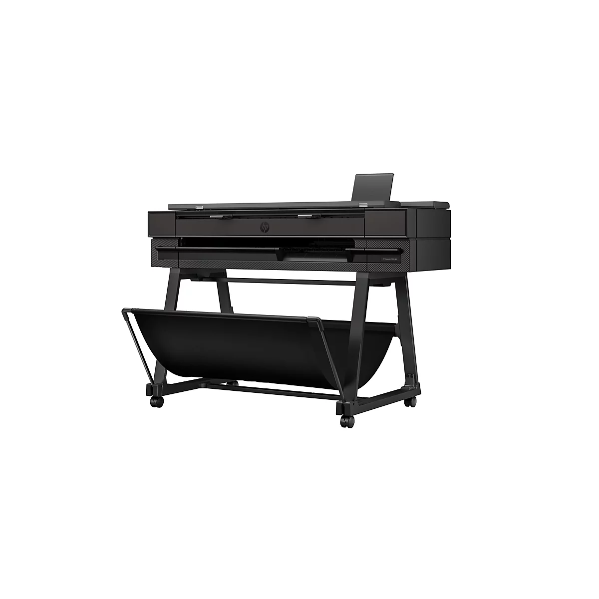 Ein schwarzer Großformatdrucker mit Standfuß, Papierablage und HP-Logo. Auf dem Drucker ist eine kleine Platte ausgeklappt.
