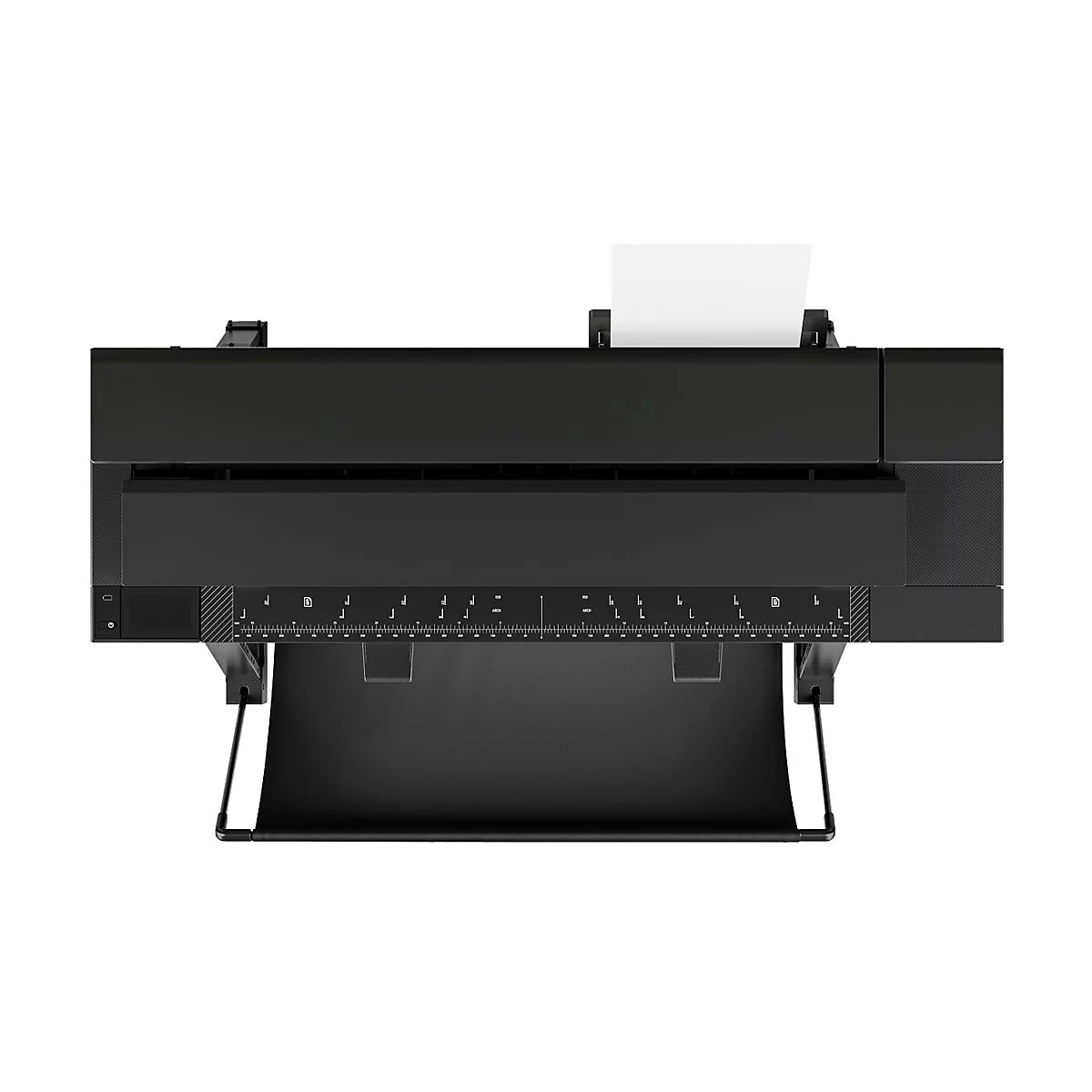 Schwarzer Großformatdrucker mit Papierausgabe von oben. Das Papier wird auf einem Ausgabefach abgelegt.