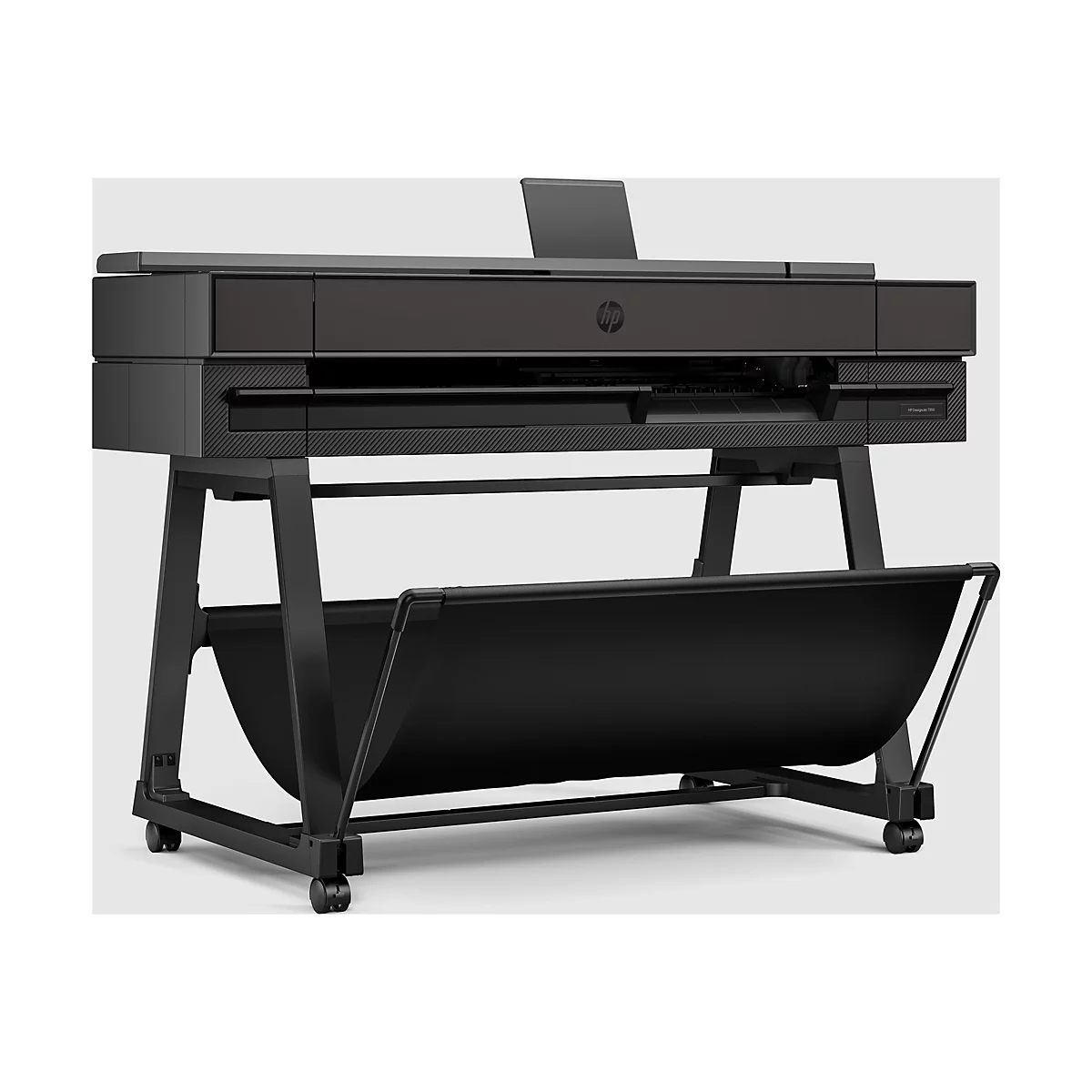 Schwarzer Großformatdrucker auf einem Rollständer, HP Logo. Aufdruck: HP DesignJet T850.