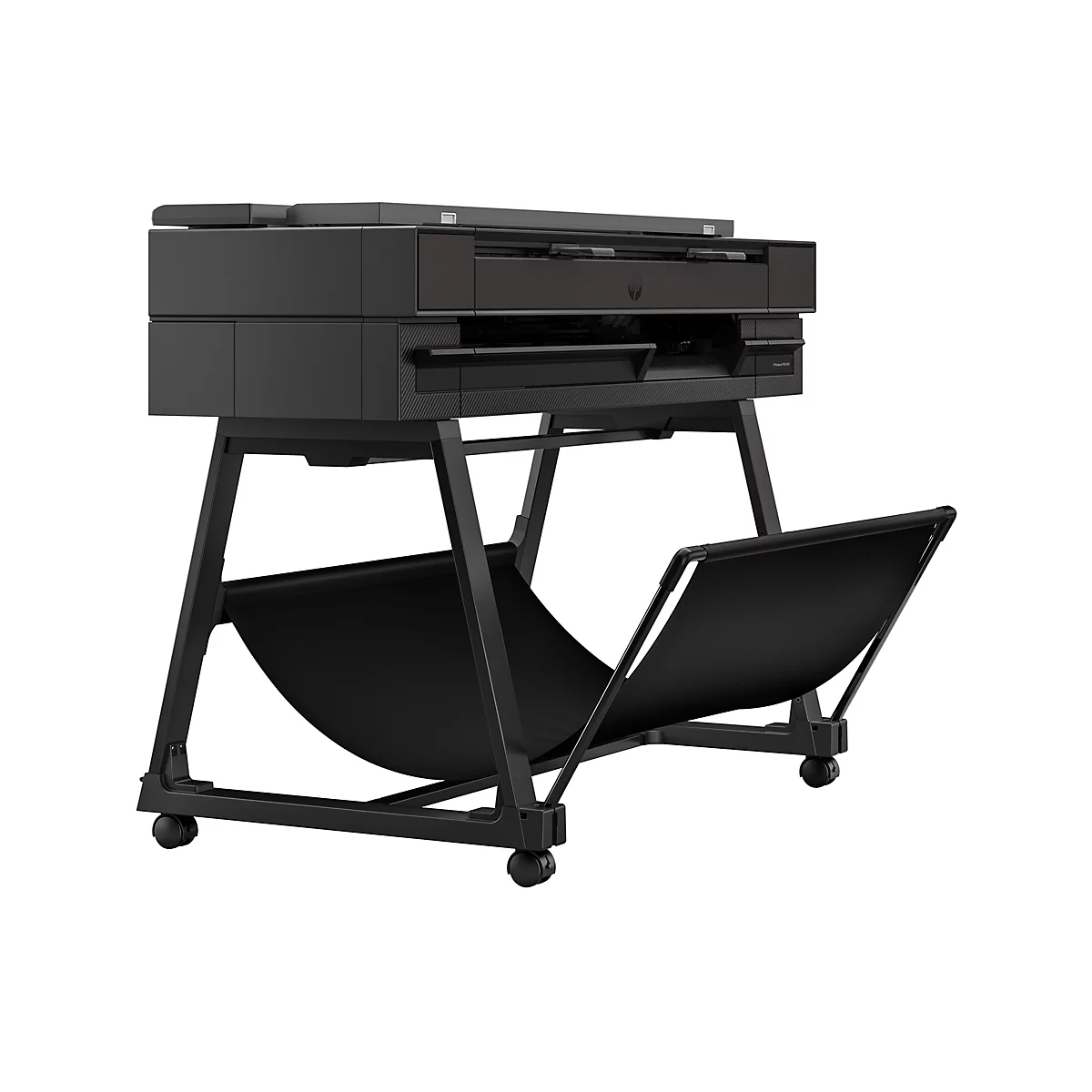 Schwarzer Drucker auf einem Rollwagen mit Ablage. Das HP Logo ist sichtbar.