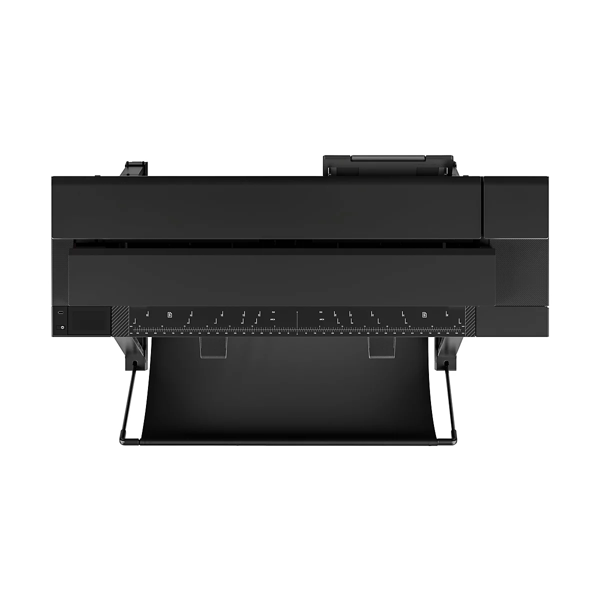 Draufsicht auf einen schwarzen Drucker. Unten befindet sich eine ausziehbare Papierablage. Links ist ein Bedienfeld.