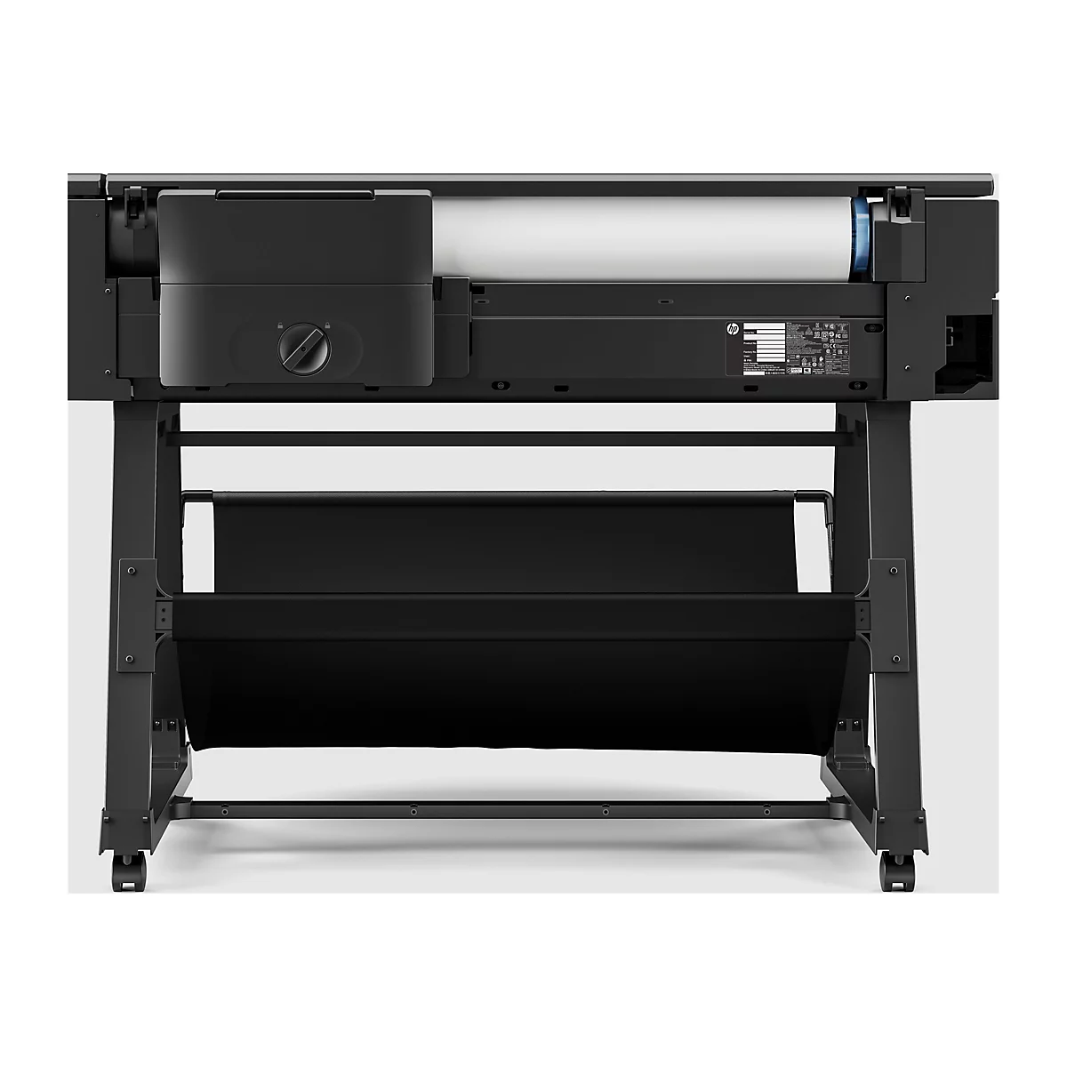 Schwarzer Großformatdrucker mit weißer Papierrolle, Rahmen und schwarzem Auffangbehälter. Ein Bedienfeld mit Drehknopf und technischen Daten ist zu sehen.