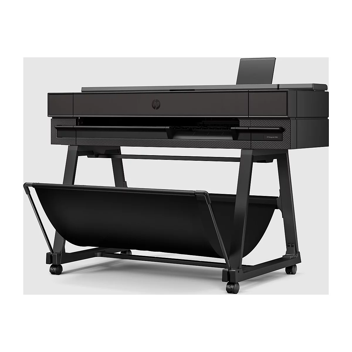 Schwarzer HP DesignJet T850 Drucker mit Rollen, Papierkorb und HP Logo auf hellem Hintergrund.
