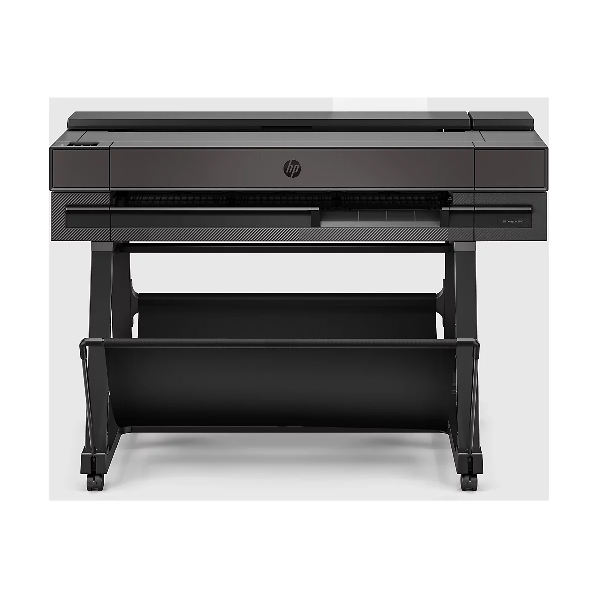 Ein schwarzer HP DesignJet T850 Großformatdrucker, der auf einem schwarzen Metallgestell steht.