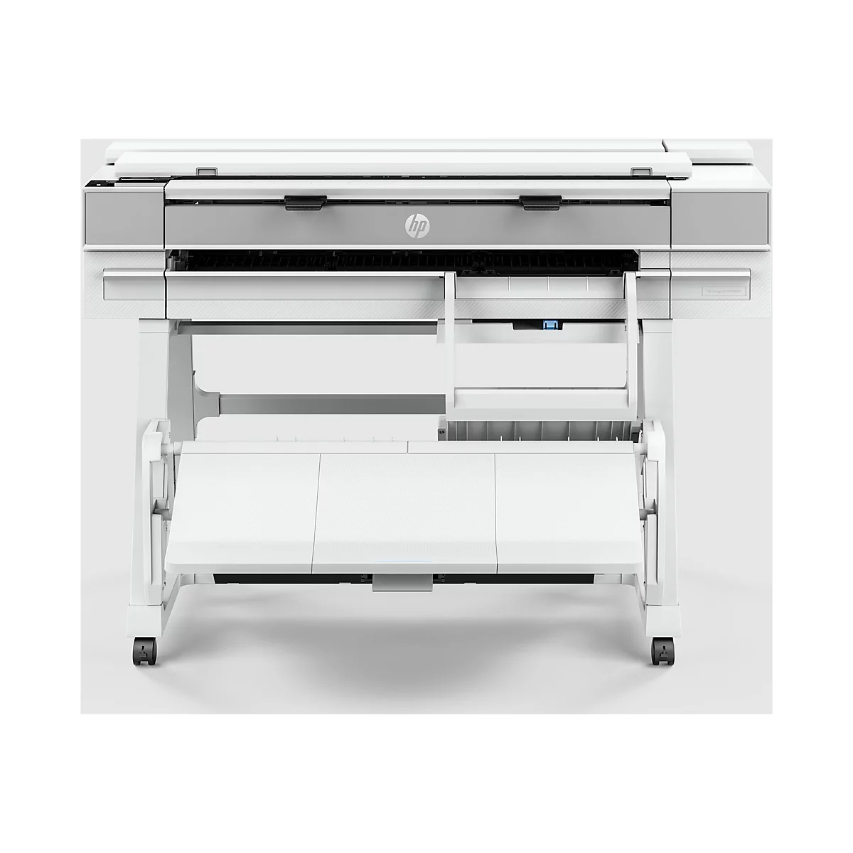 Ein weißer HP-Großformatdrucker mit grauen Akzenten. Unten eine Ablage für das Papier, mit Rollen. Oben das HP-Logo.