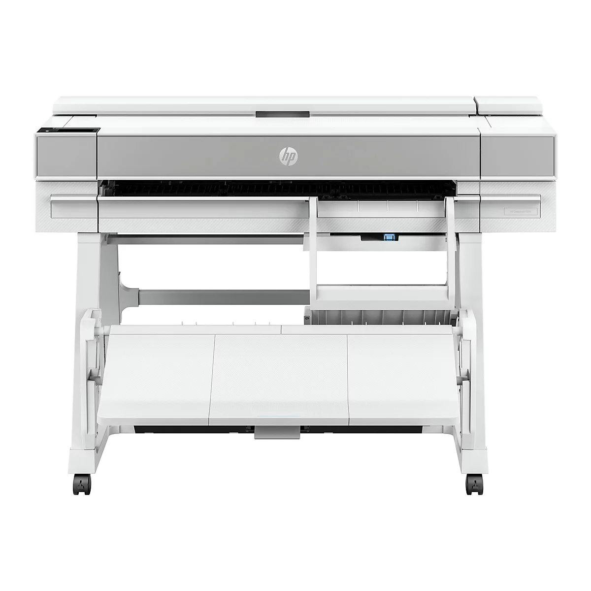 Ein weißer HP DesignJet T950 Drucker auf Rollen. Auf der Front steht das HP Logo.