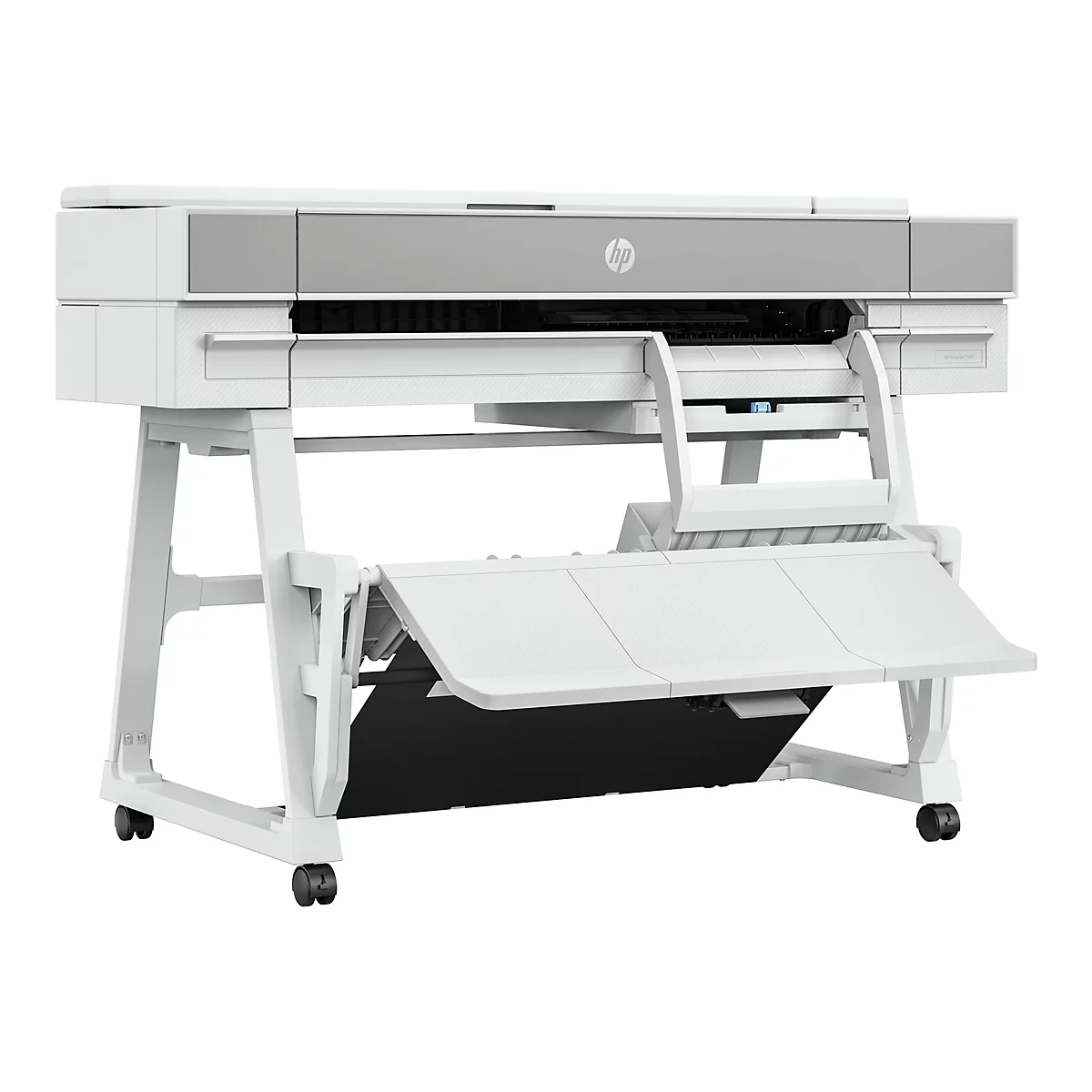 Großer, weiß-grauer HP DesignJet Drucker. Der Drucker steht auf einem weißen Gestell mit Rollen, darunter ein schwarzer Auffangbereich.
