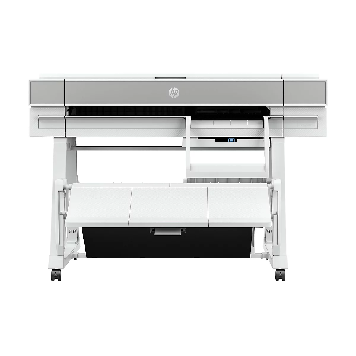 Ein weißer, grauer Großformatdrucker mit HP Logo. Er steht auf einem weißen Gestell mit Rollen, darunter ein schwarzer Ausgabebereich.