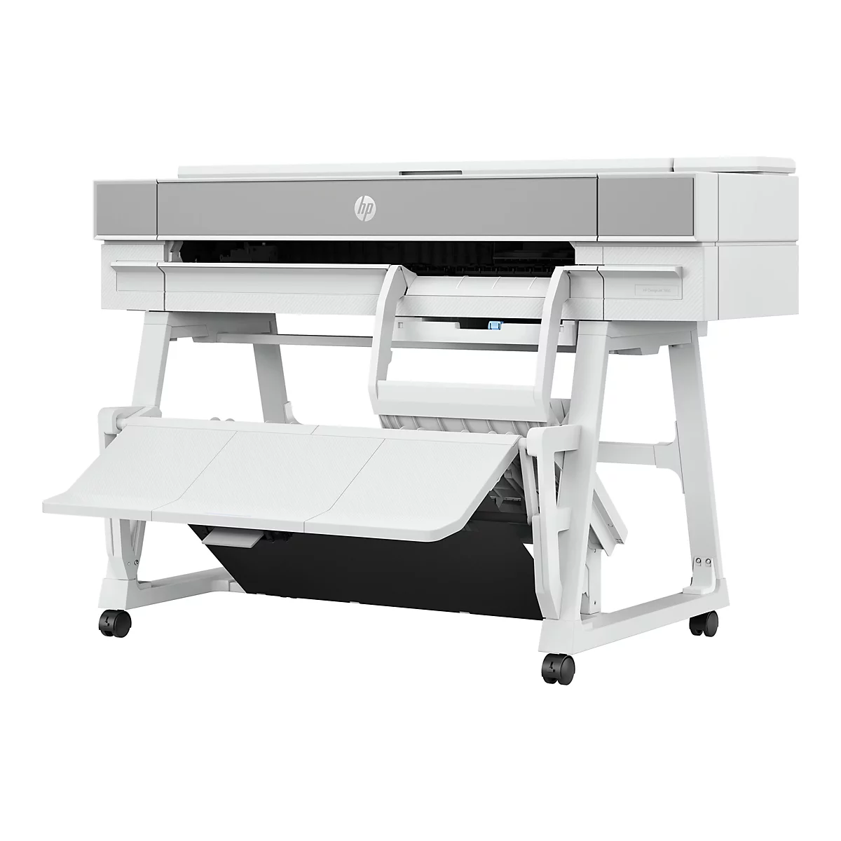 GroÃŸer weiÃŸer Drucker mit grauer Ablage, auf einem weiÃŸen Gestell mit Rollen. Das Papierausgabefach ist ausgeklappt.