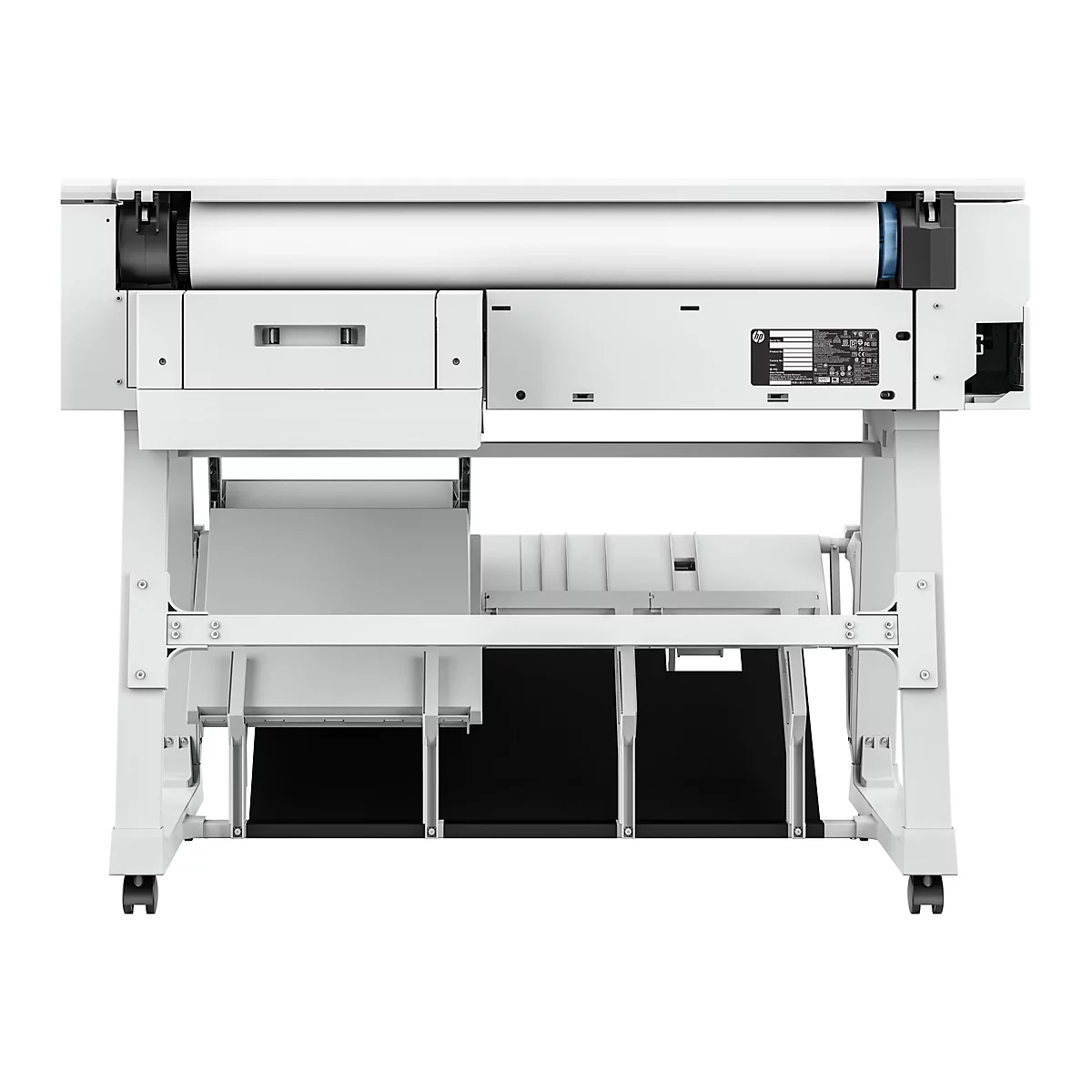 Großer weißer Plotter auf Rollen vor weißem Hintergrund. Oben befindet sich eine Papierrolle.