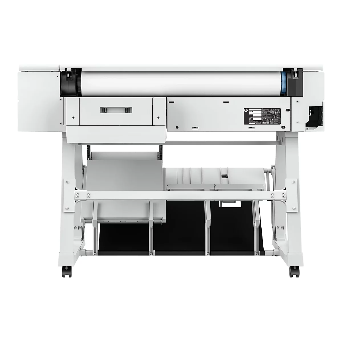 GroÃŸer weiÃŸer Drucker auf RÃ¤dern. Oben eine Rolle Papier. Schwarze und graue Details.