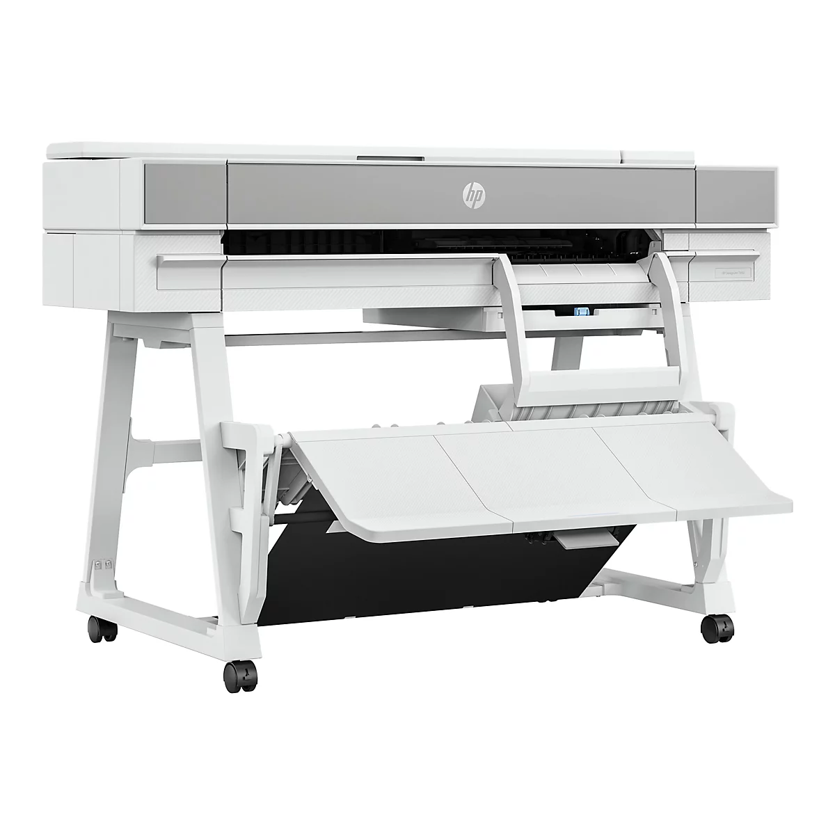 Ein groÃŸer weiÃŸer HP-Drucker mit grauer Oberseite steht auf einem weiÃŸen Gestell mit Rollen. Druckerfach ist offen.