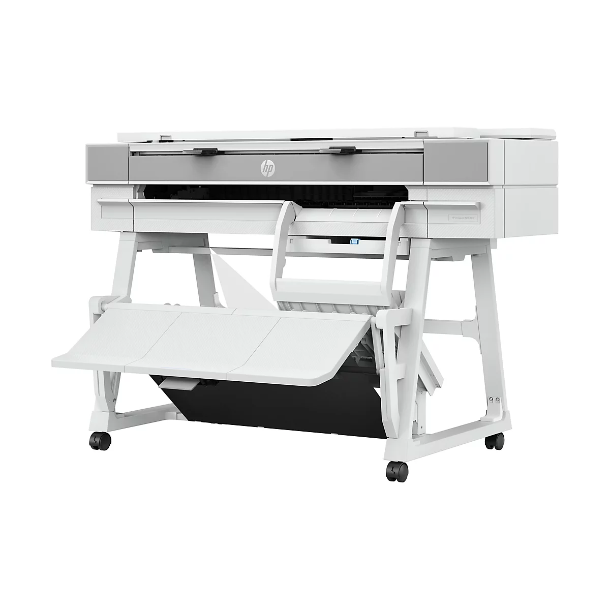 Weiß-grauer HP DesignJet T950 MFP Drucker auf weißem Ständer. Mit Papiereinzug und Ablage. Schwarze Rollen.