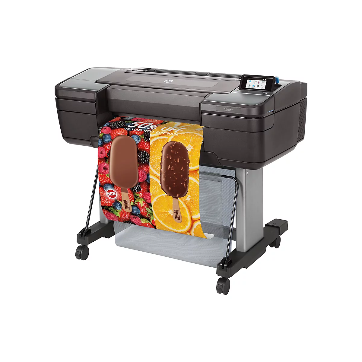 Großer, grauer HP DesignJet Z6 Drucker mit einem Werbebanner für Eis am Stiel, auf dem verschiedene Früchte abgebildet sind. Der Drucker steht auf einem weißen Hintergrund.