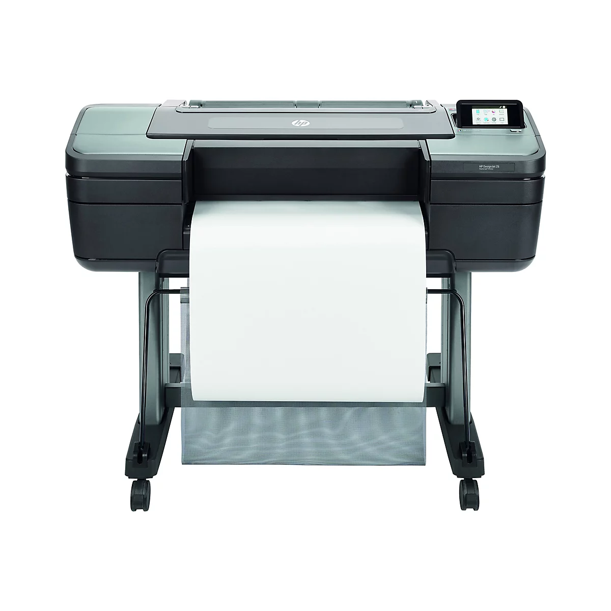 Großer, schwarzer HP DesignJet Z6 Großformatdrucker mit weißem Papier und Rollwagen. Oben ist ein kleines Farbdisplay zu sehen.