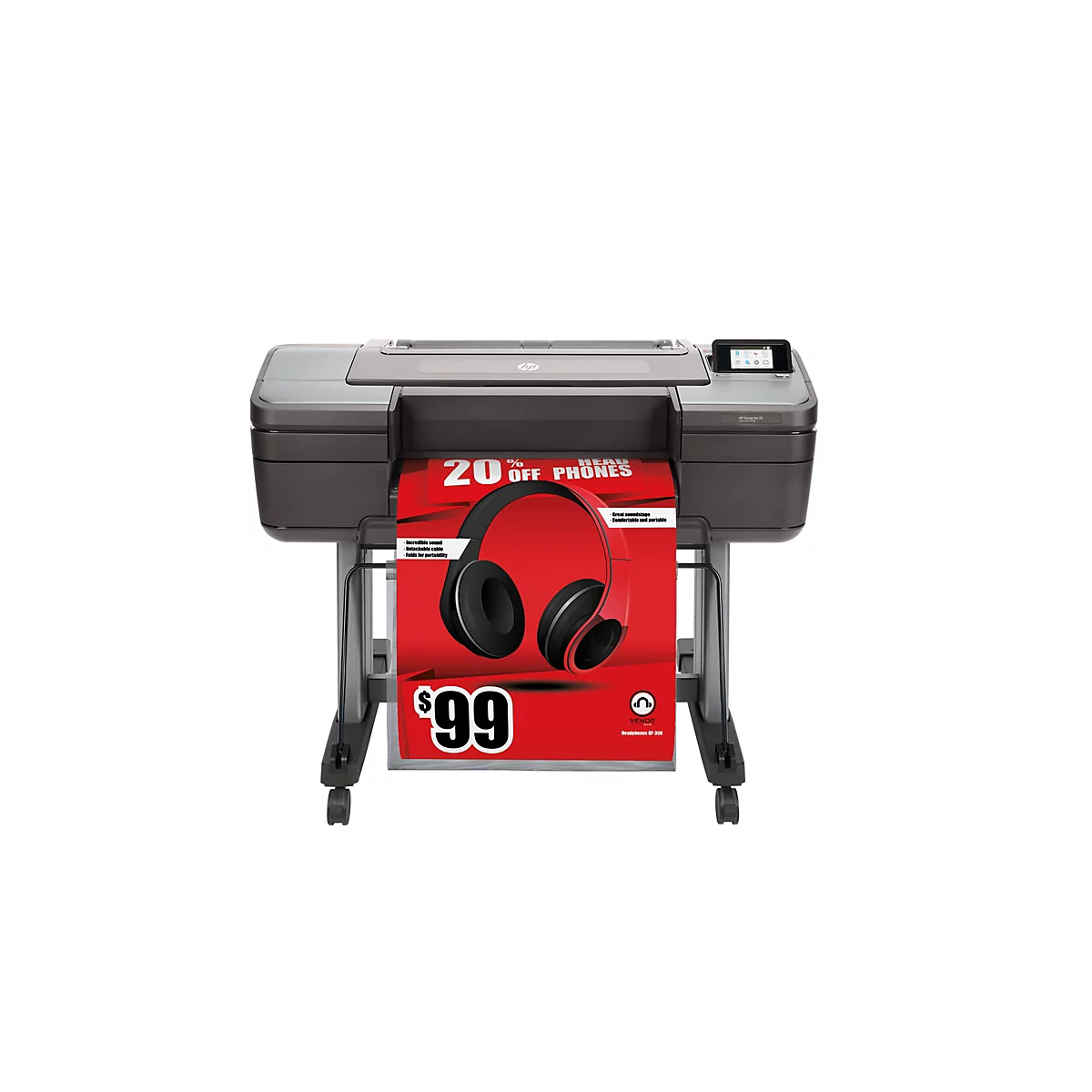 Ein großer, grauer Drucker mit einem roten Banner, das ein Kopfhörer-Werbeangebot zeigt, und einem Preis von 99 $.