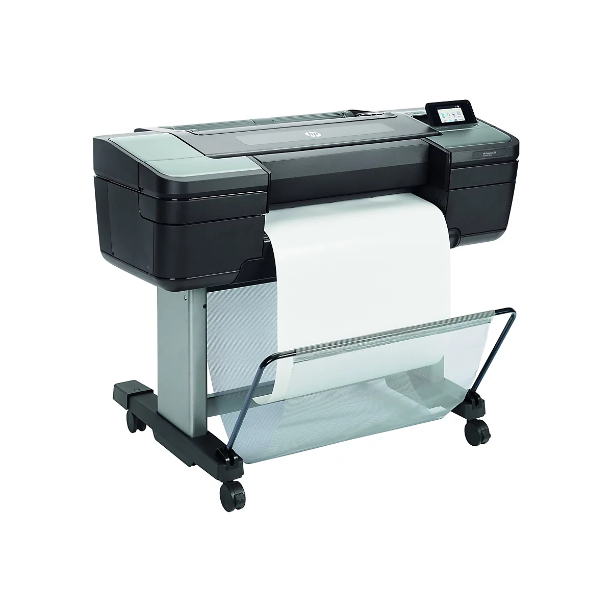 HP Designjet Z6 Großformatdrucker. Schwarzer Drucker mit weißem Papierausdruck, graue Halterung und Rollen. HP Logo. Kleiner Bildschirm.