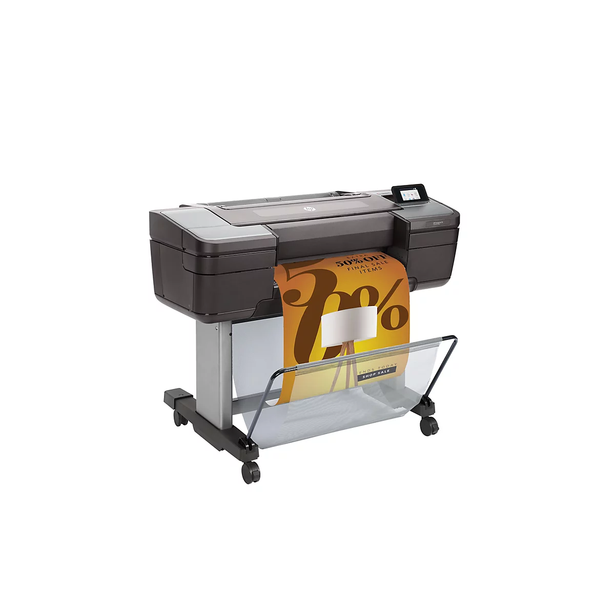Schwarzer Großformatdrucker mit farbigem Druck. Ein farbiger Flyer mit Rabattanzeige wird gedruckt. Der Drucker steht auf einem Rollwagen.