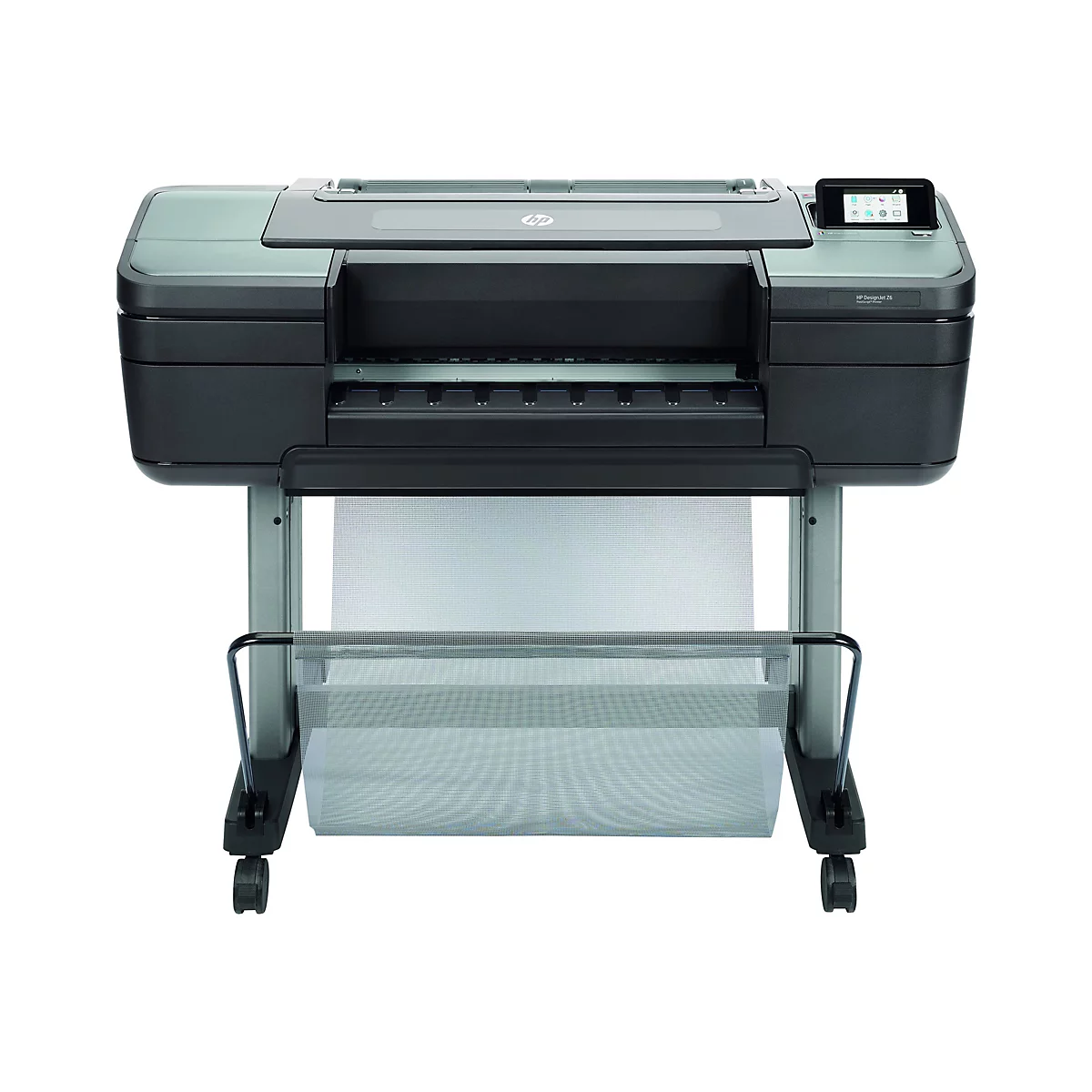 Großer, schwarzer HP Designjet Z6 Großformatdrucker mit Farbdisplay und Papierrolle. Auf weißen Hintergrund.
