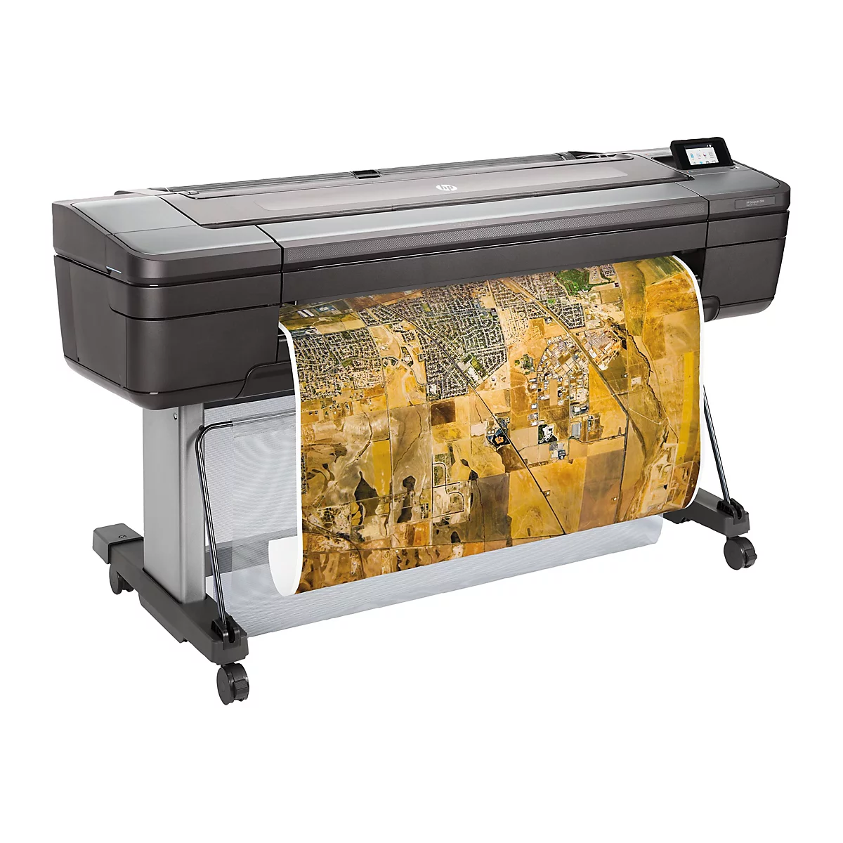 Ein großer, grauer HP Designjet 266 Drucker druckt eine farbige topografische Karte. Der Drucker steht auf einem weißen Hintergrund.