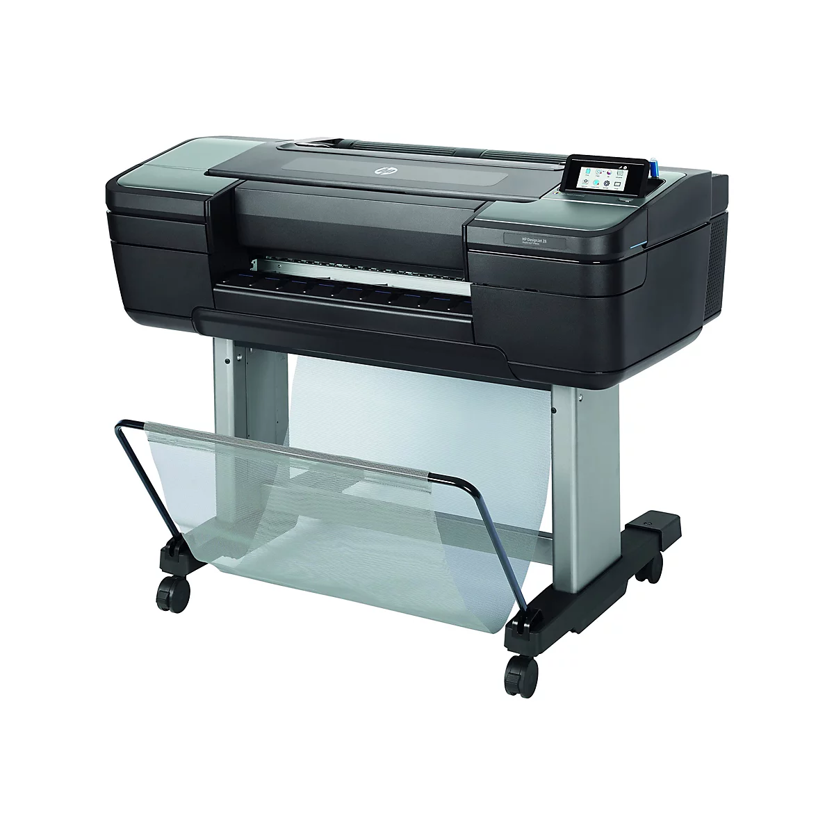 Schwarzer GroÃŸformatdrucker auf RollstÃ¤nder mit PapiersammelbehÃ¤lter.