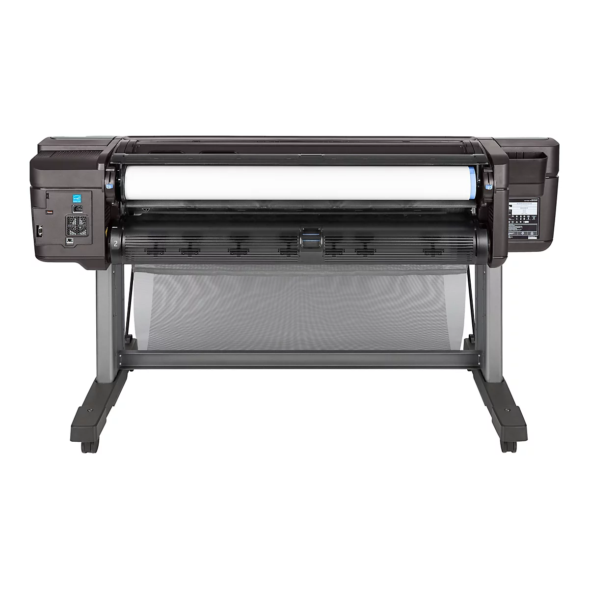GroÃŸer, schwarzer Plotter mit weiÃŸer Papierrolle. Auf einem Metallrahmen montiert.