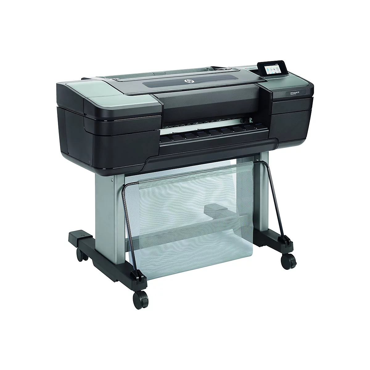 Ein schwarzer HP Designjet Z6 Großformatdrucker mit grauer Basis, mit Rollen und Touchscreen.