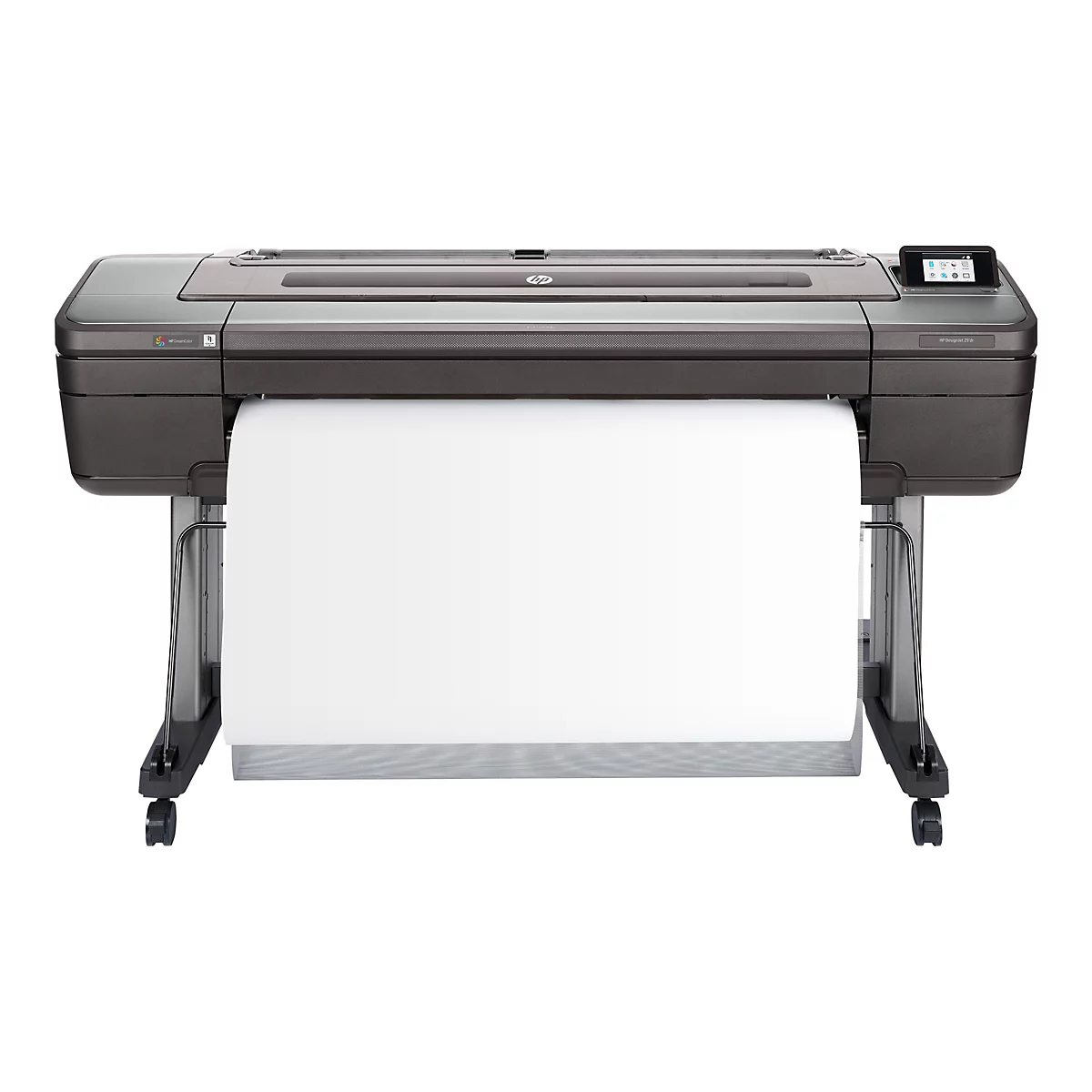 Eine HP DesignJet Z9+dr Großformatdrucker vor weißem Hintergrund. Der Drucker hat eine graue und schwarze Farbe und rollt weißes Papier aus.