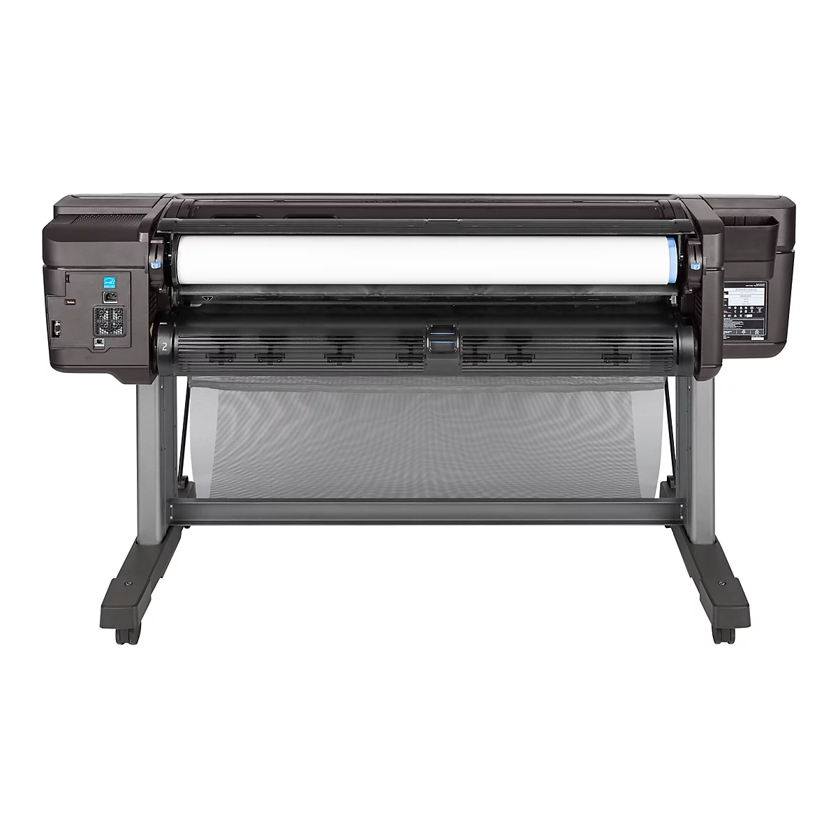 Schwarzer GroÃŸformatdrucker mit Papierrolle, Untergestell und Auffangvorrichtung. Auf weiÃŸem Hintergrund.