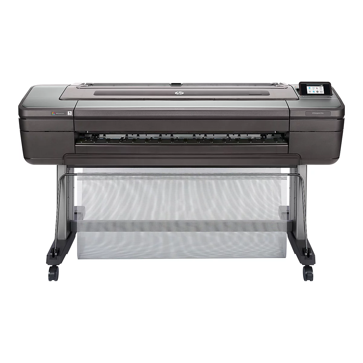 GroÃŸer, grauer HP-Plotter mit Rollen und StÃ¼tzgestell, bedientafel rechts.