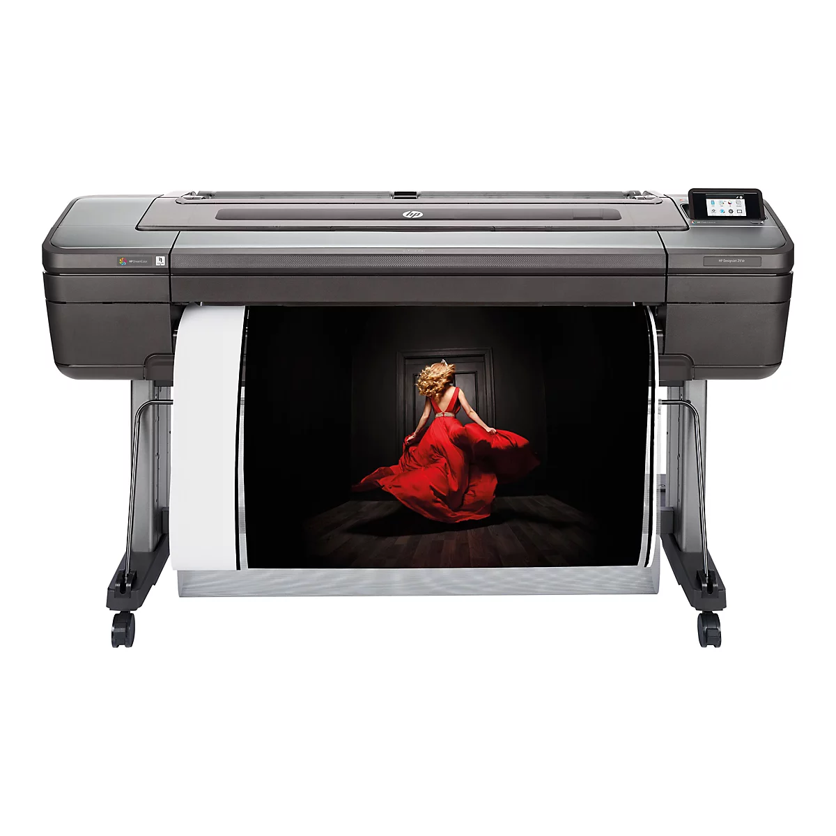 GroÃŸformatdrucker mit einem Bild einer Frau in rotem Kleid, das im Dunkeln steht.