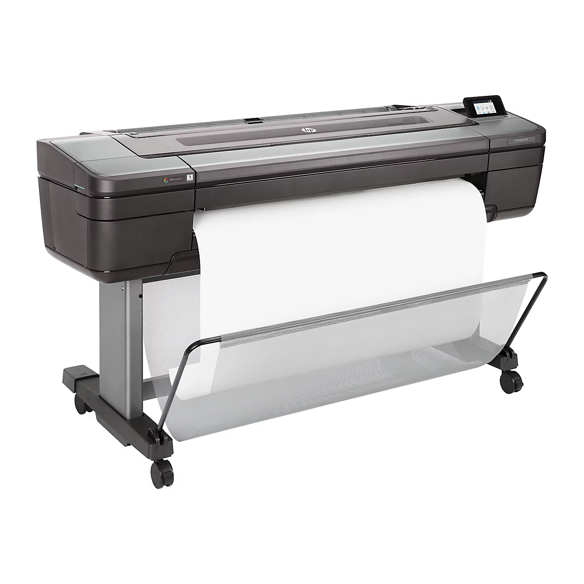 Ein großer, dunkler Drucker, HP DesignJet Z3 dr, mit Papierrolle. Auf Rädern. Rechts ein Touchscreen.