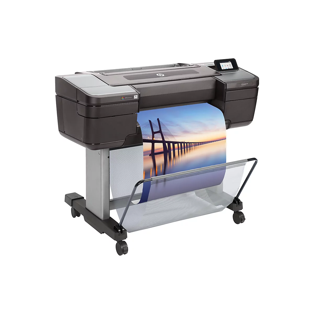 Großer, dunkler Tintenstrahldrucker mit einem gedruckten Bild einer Brücke. Ein Touchscreen-Display ist rechts platziert.