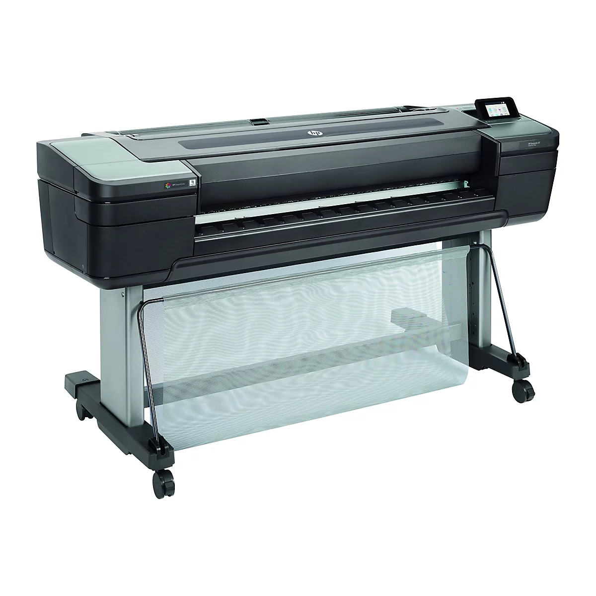 Großer, schwarzer Drucker mit Display. Darunter ist ein Halter für Papierrollen angebracht.