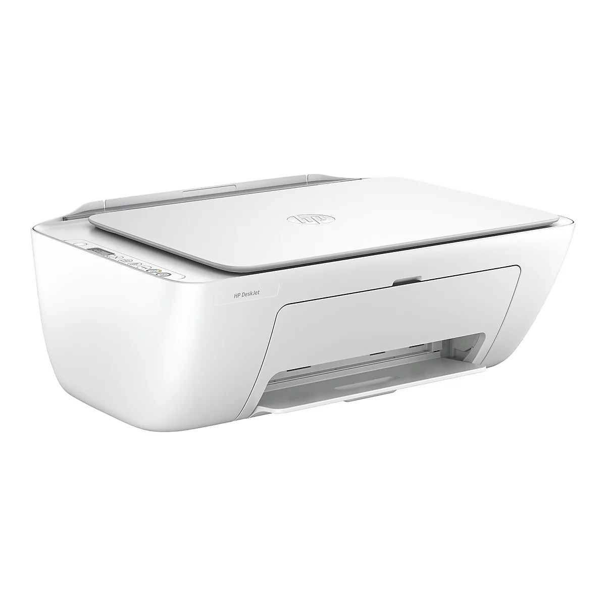 Ein weißer HP DeskJet-Drucker vor weißem Hintergrund. Der Drucker hat eine obere Klappe mit dem HP-Logo und eine vordere Papierzufuhr.