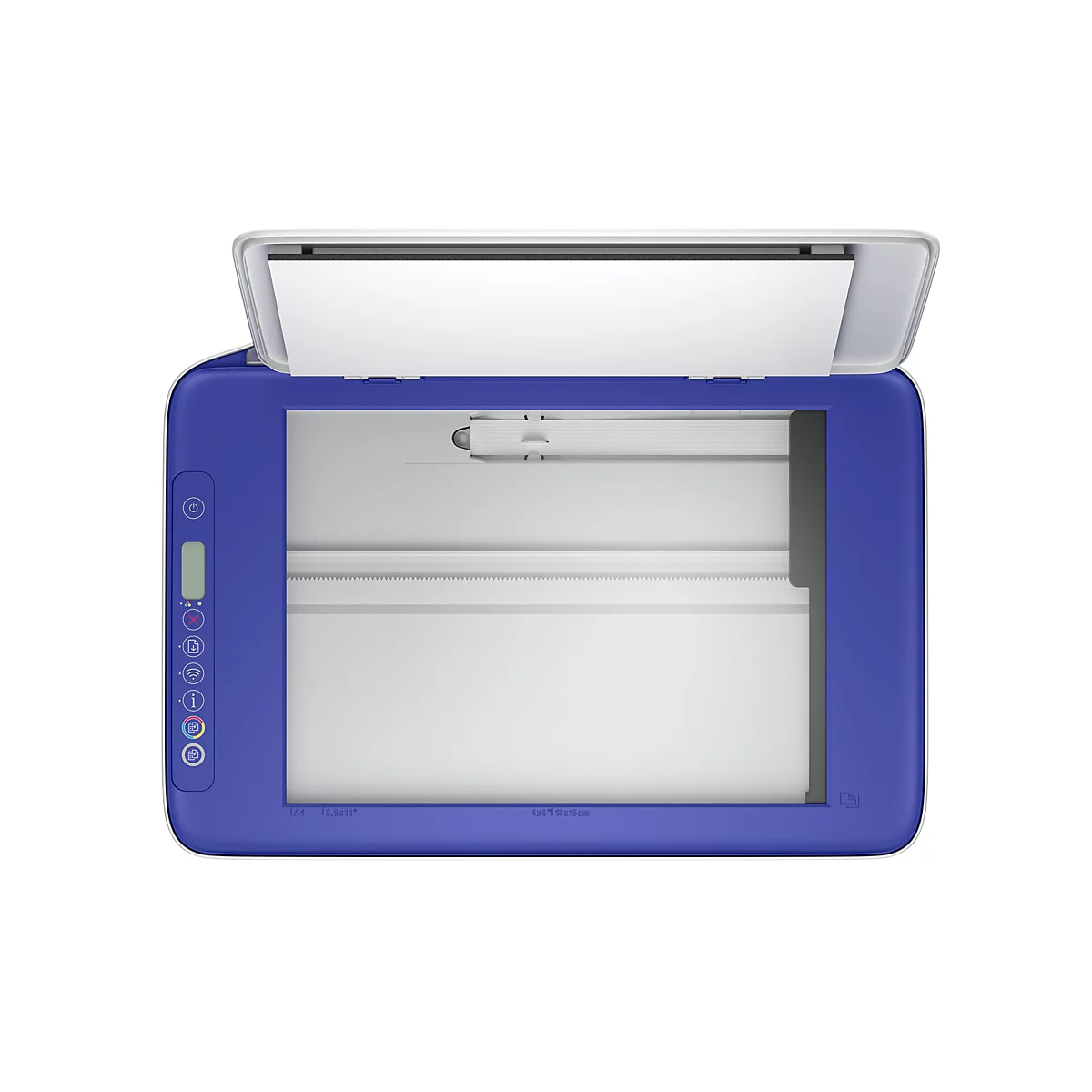 Draufsicht auf einen geöffneten, blauen Scanner mit weißer Innenseite und einem eingelegten Blatt Papier.