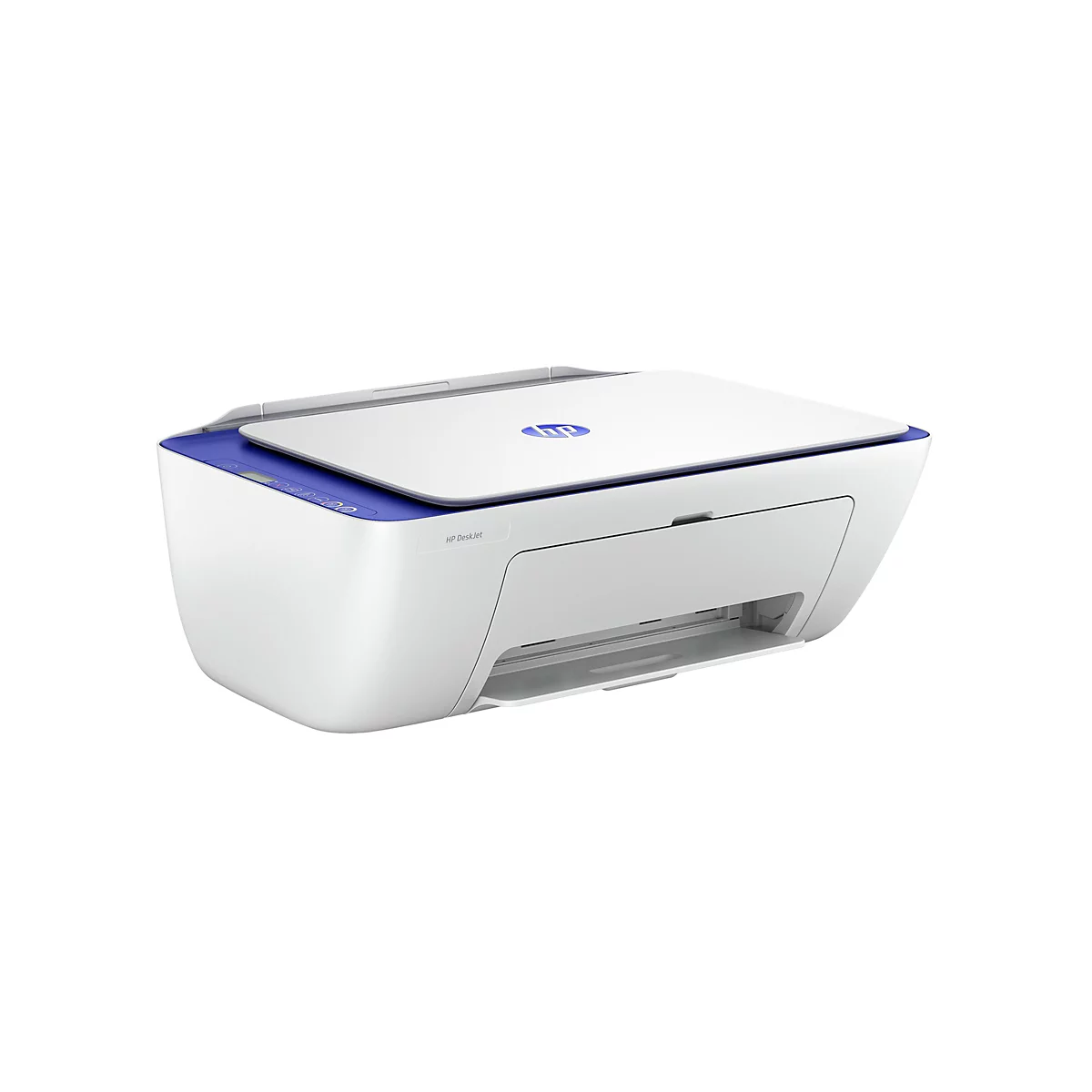 Une imprimante HP DeskJet blanche avec un accent bleu sur fond blanc. Le logo HP se trouve sur le dessus.