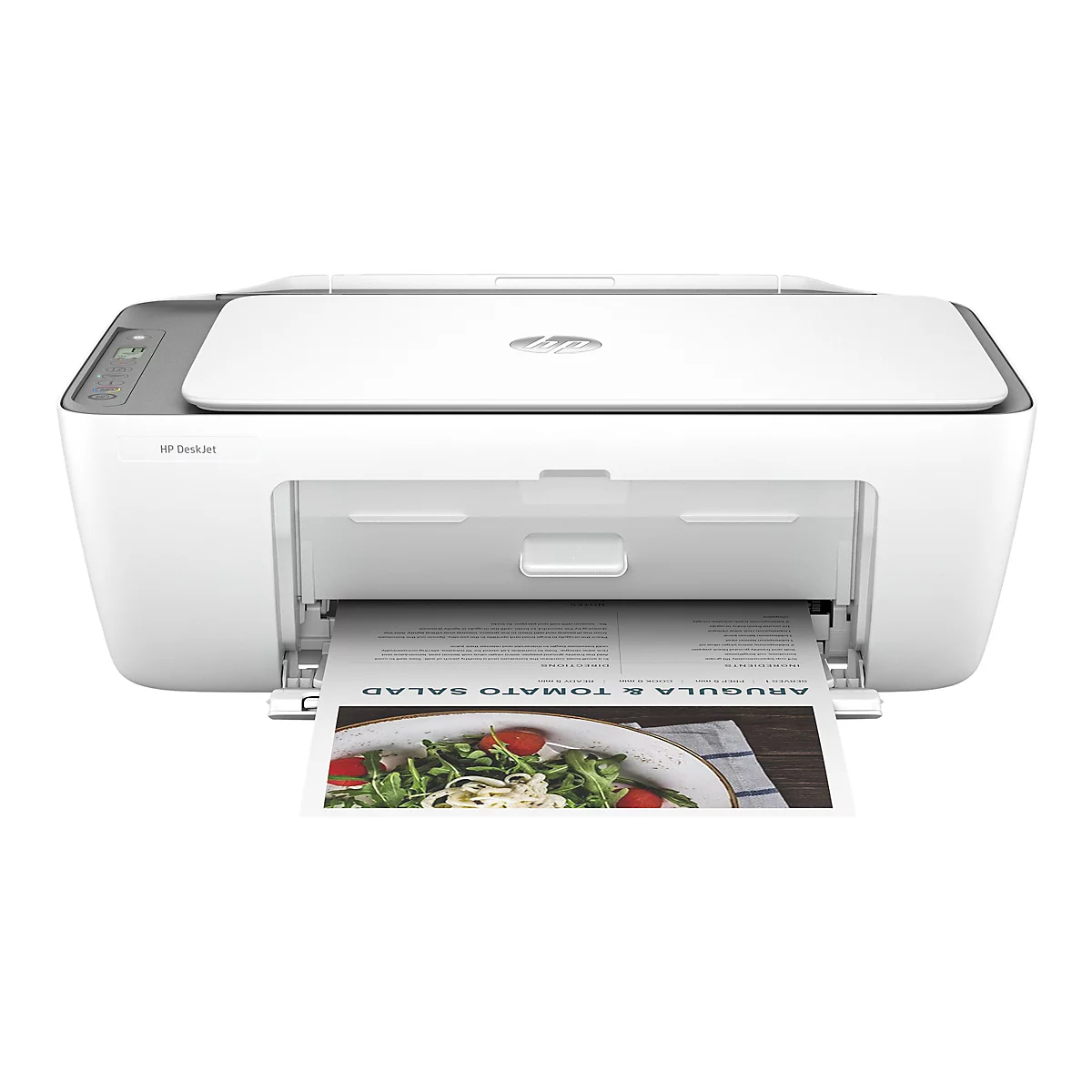 Ein weißer HP Deskjet Drucker druckt ein Rezept für einen Rucola-Tomaten-Salat.