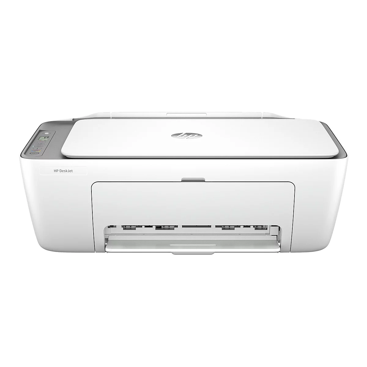 Weißer HP Deskjet Drucker, vorne betrachtet. Druckerkopf, Papierausgabefach, Logo und Bedienfeld sichtbar.