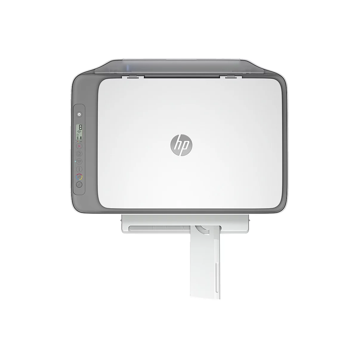 Draufsicht auf einen weißen HP Drucker mit grauem Rand. Der Drucker hat das HP Logo und eine Anzeige.