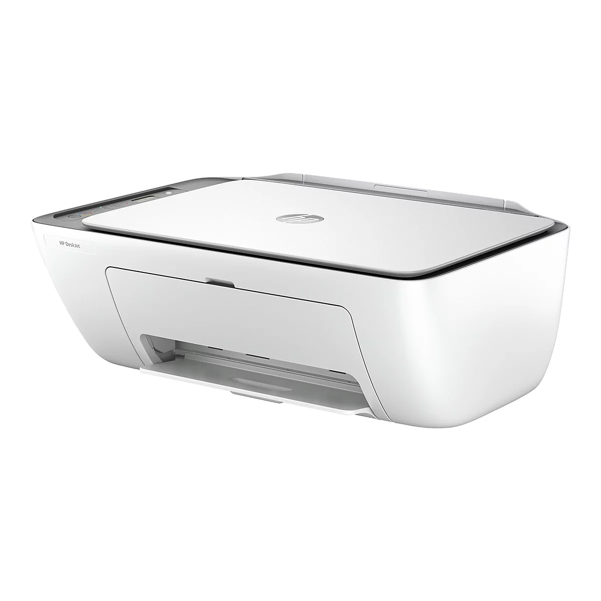 Weißer HP DeskJet Drucker, von vorne fotografiert. Das HP Logo ist auf der Oberseite zu sehen.