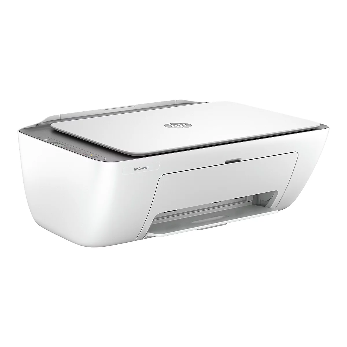 Ein weißer HP DeskJet Drucker vor weißem Hintergrund. Oben ist der Deckel leicht geöffnet. Auf dem Drucker steht HP DeskJet.